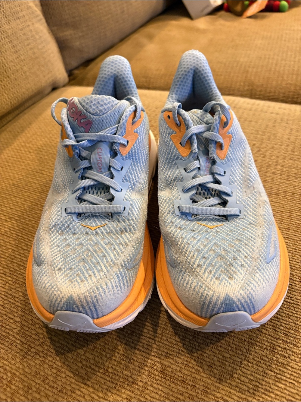 Hoka Women's Clifton 9 Airy Blue, Ice Water/Orange Athletic Shoes